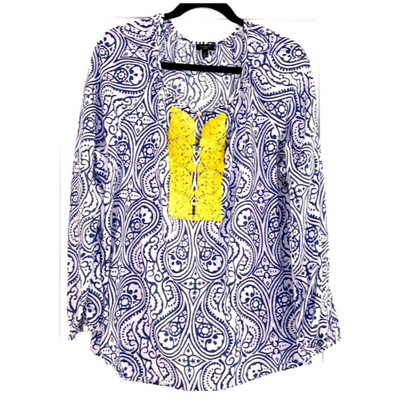 Talbots Tops - Talbots Women's 2XL Tunic Blouse Beaded V-Neck Long Sleeves Blue White Cotton
